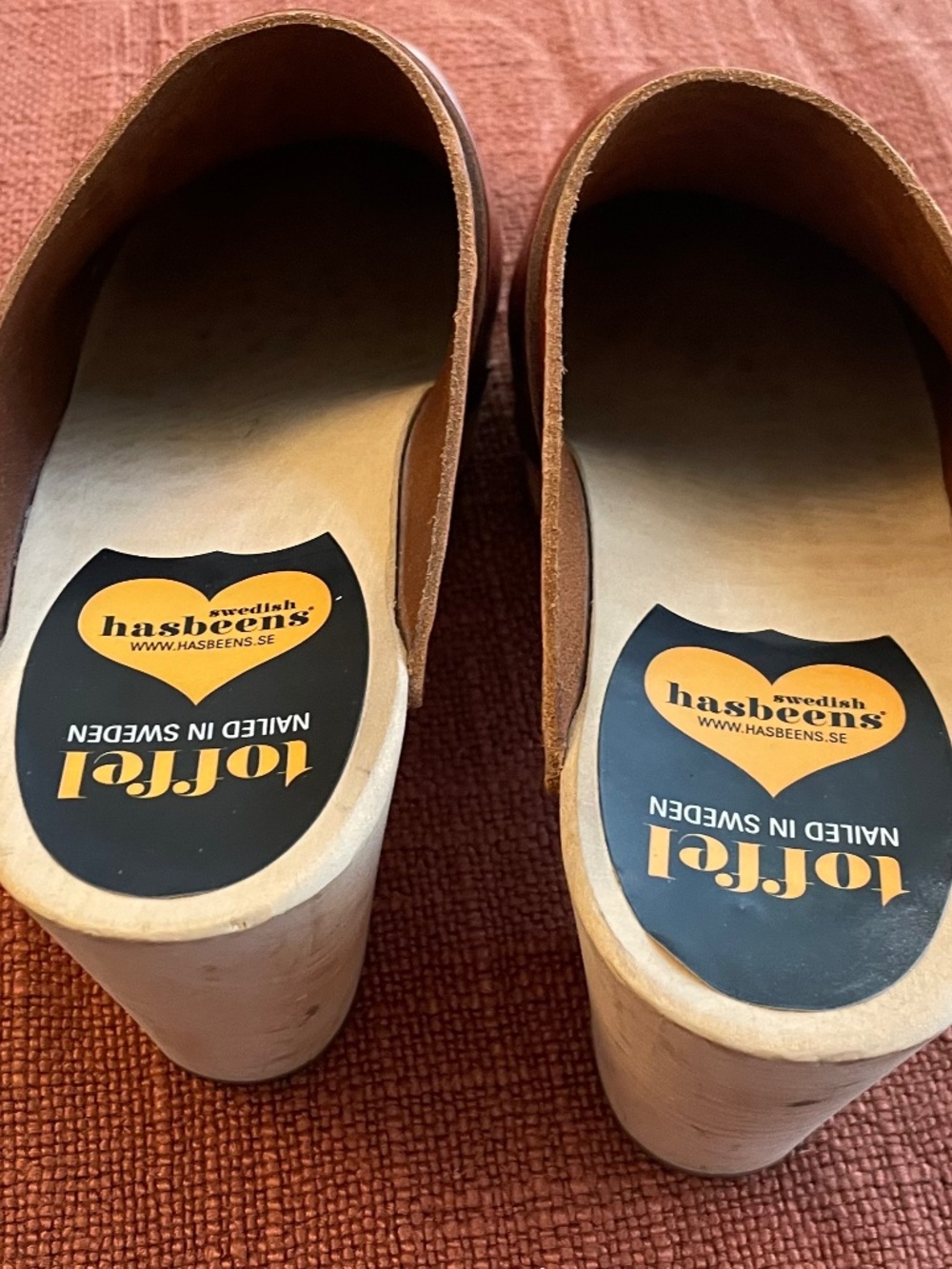 Swedish Hasbeens Brown Leather Clogs with Natural Wood Heels - Picture 7 of 7
